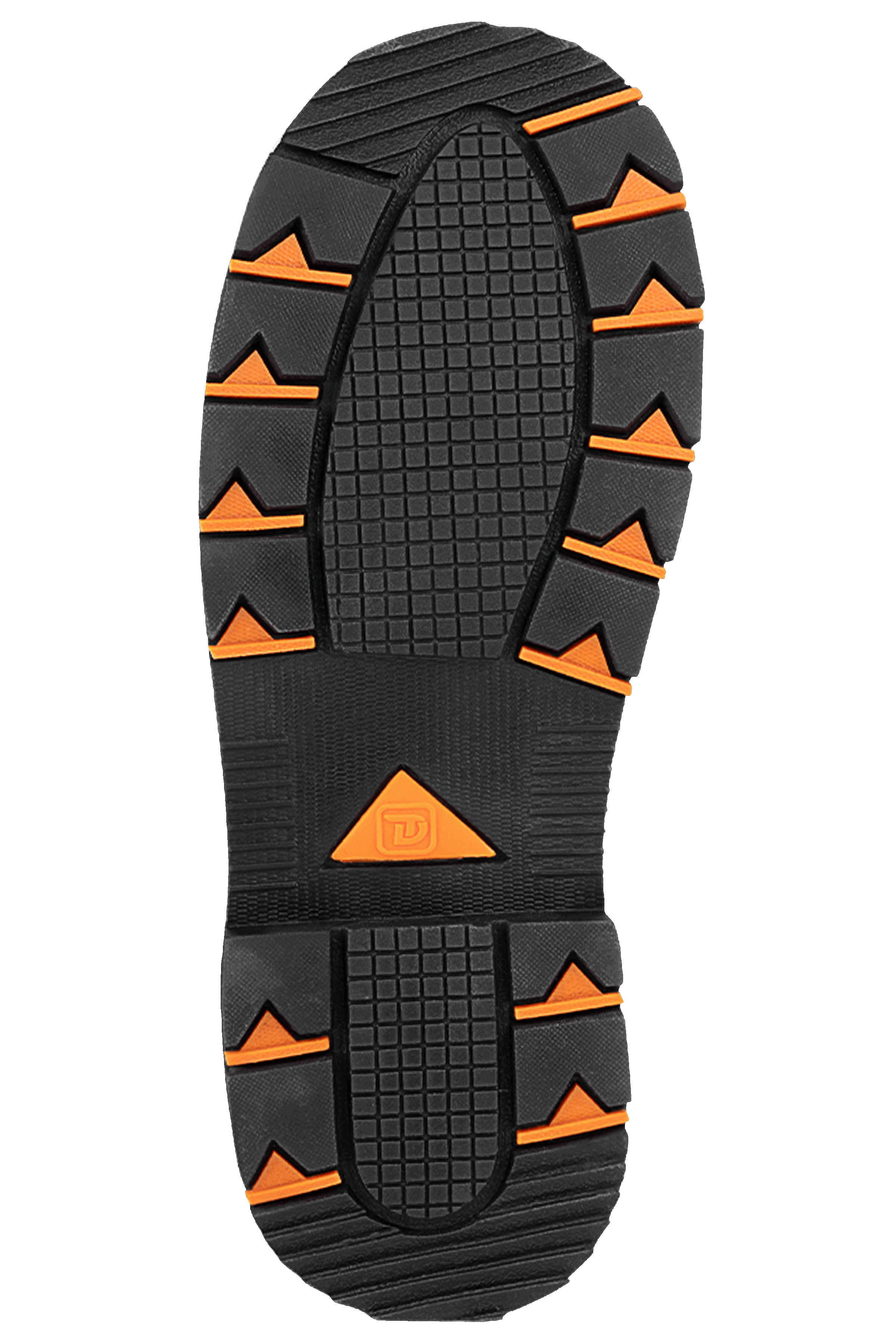 alt="Close-up of Trudave ForgeStep Series men’s waterproof steel toe work boots outsole showing deep tread non-slip pattern in black and yellow design for traction and safety at work"